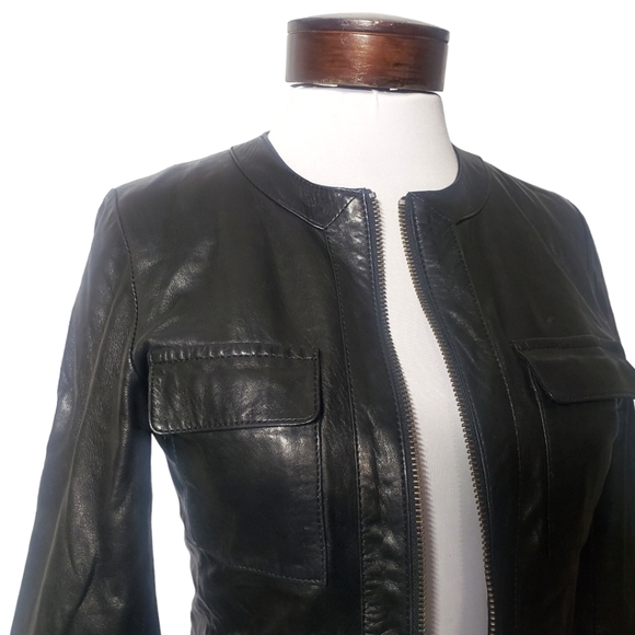 Trouve Leather Moto Collarless Quilted Sleeve Jacket Black Size: XS - Picture 11 of 16